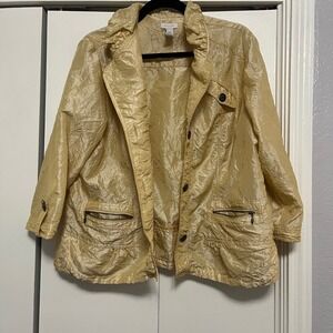 Chicos‎ Women's Jacket Size 2 Gold Crinkle Textured Button Front 3/4 Sleeve
